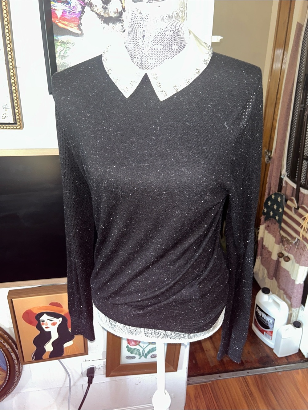 Ted Baker London Black Sparkle Long Sleeve Top with White Contrast Collar